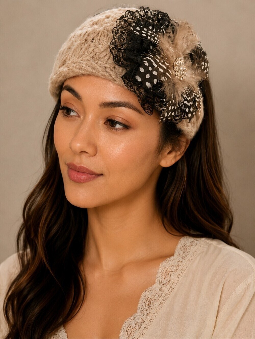 HANDMADE Beige Gold Metallic Floral Scallop Knit Headband with Feather Rosette